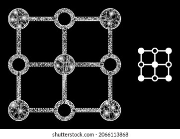 Glossy mesh vector crystal grid nodes with glare effect. White mesh, light spots on a black background with crystal grid nodes icon. Mesh and glare elements are placed on different layers.