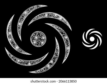 Glossy mesh vector cyclone rotation with glare effect. White mesh, glare spots on a black background with cyclone rotation icon. Mesh and glare elements are placed on different layers.