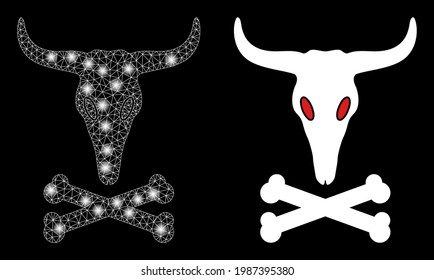 Glossy mesh vector dead bull bones with glow effect. White mesh, glare spots on a black background with dead bull bones icon. Mesh and glare elements are placed on different layers.