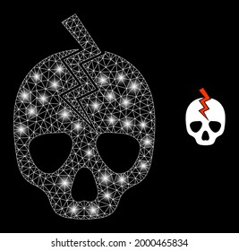 Glossy mesh vector death strike with glow effect. White mesh, glare spots on a black background with death strike icon. Mesh and glare elements are placed on different layers.