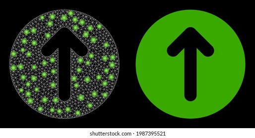 Glossy mesh vector up direction with glare effect. White mesh, bright spots on a black background with up direction icon. Mesh and glare elements are placed on different layers.