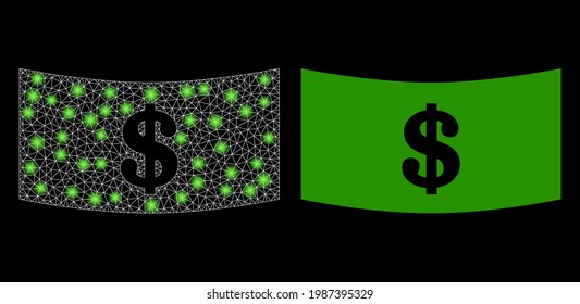 Glossy mesh vector dollar banknote with glare effect. White mesh, glare spots on a black background with dollar banknote icon. Mesh and glowing elements are placed on different layers.