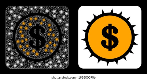 Glossy mesh vector dollar box with glow effect. White mesh, glare spots on a black background with dollar box icon. Mesh and glare elements are placed on different layers.