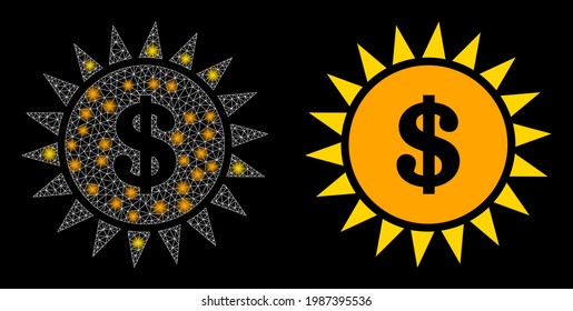 Glossy mesh vector dollar shine with glow effect. White mesh, bright spots on a black background with dollar shine icon. Mesh and glowing elements are placed on different layers.