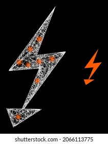 Glossy mesh vector electric arrow with glow effect. White mesh, glare spots on a black background with electric arrow icon. Mesh and glare elements are placed on different layers.