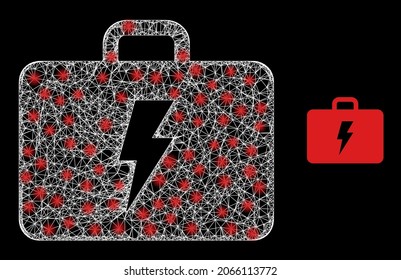 Kit eléctrico vectorial de malla brillante con efecto de resplandor. Malla blanca, manchas flash sobre un fondo negro con el icono del kit eléctrico. Los elementos de malla y resplandor se colocan en diferentes capas.