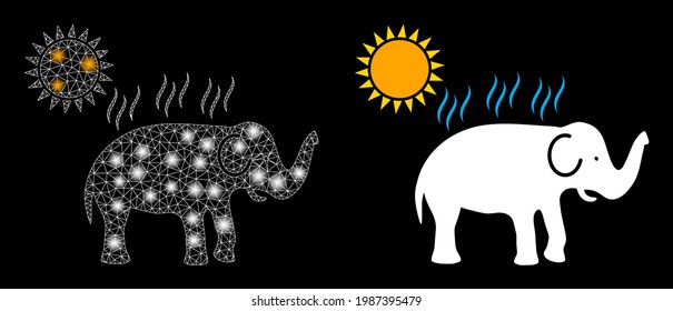 Glossy mesh vector elephant under sun heat with glare effect. White mesh, glare spots on a black background with elephant under sun heat icon. Mesh and glowing elements are placed on different layers.