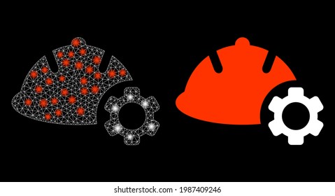 Glossy mesh vector engineering with glare effect. White mesh, light spots on a black background with engineering icon. Mesh and glowing elements are placed on different layers.