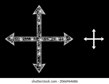 Glossy mesh vector expand with glare effect. White mesh, glare spots on a black background with expand icon. Mesh and glare elements are placed on different layers.