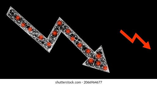 Glossy mesh vector falling trend arrow with glare effect. White mesh, bright spots on a black background with falling trend arrow icon. Mesh and glare elements are placed on different layers.