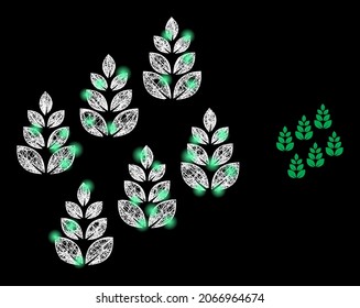 Glossy mesh vector farm field with glare effect. White mesh, glare spots on a black background with farm field icon. Mesh and glare elements are placed on different layers.