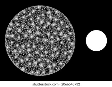 Glossy mesh vector filled circle with glare effect. White mesh, light spots on a black background with filled circle icon. Mesh and glare elements are placed on different layers.