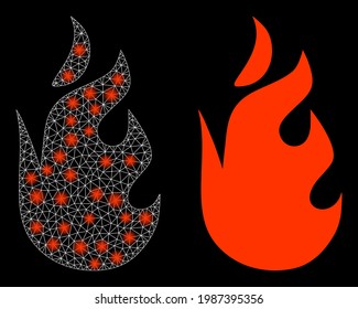 Glossy mesh vector fire flame with glare effect. White mesh, glare spots on a black background with fire flame icon. Mesh and glare elements are placed on different layers.