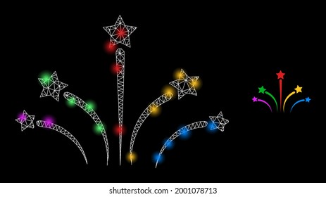 Glossy mesh vector fireworks with glow effect. White mesh, glare spots on a black background with fireworks icon. Mesh and glare elements are placed on different layers.