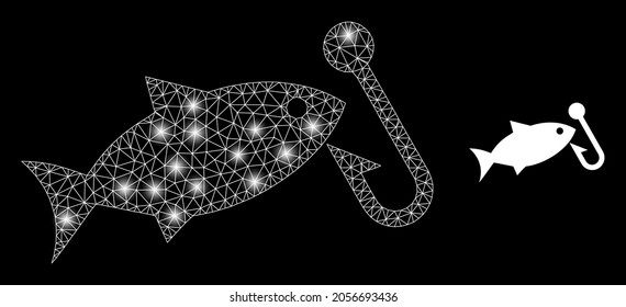 Glossy mesh vector fishing hook with glare effect. White mesh, bright spots on a black background with fishing hook icon. Mesh and glare elements are placed on different layers.
