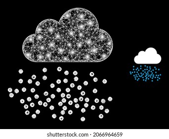 Glossy mesh vector fog cloud with glare effect. White mesh, glare spots on a black background with fog cloud icon. Mesh and glare elements are placed on different layers.