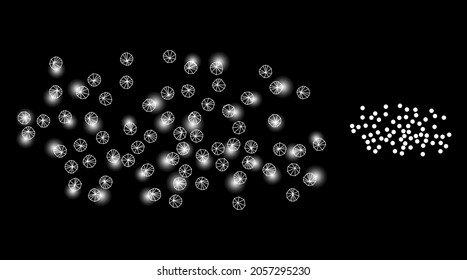 Glossy mesh vector fog particles with glare effect. White mesh, bright spots on a black background with fog particles icon. Mesh and glare elements are placed on different layers.