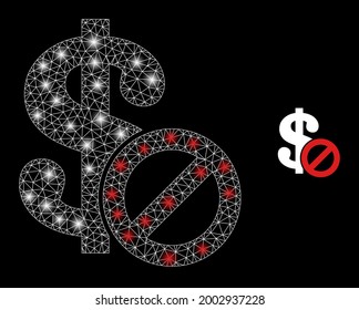 Glossy mesh vector forbidden dollar with glow effect. White mesh, light spots on a black background with forbidden dollar icon. Mesh and glowing elements are placed on different layers.