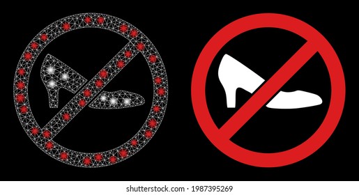 Glossy mesh vector forbidden shoes with glow effect. White mesh, glare spots on a black background with forbidden shoes icon. Mesh and glare elements are placed on different layers.