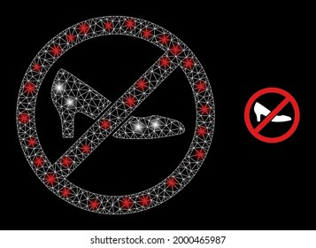 Glossy mesh vector forbidden shoes with glow effect. White mesh, glare spots on a black background with forbidden shoes icon. Mesh and glare elements are placed on different layers.