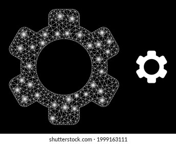 Glossy mesh vector gear with glare effect. White mesh, glare spots on a black background with gear icon. Mesh and glare elements are placed on different layers.