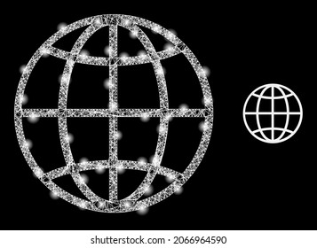 Globo vectorial de malla brillante con efecto brillante. Malla blanca, puntos de resplandor en un fondo negro con icono del globo. Los elementos de malla y resplandor se colocan en diferentes capas.
