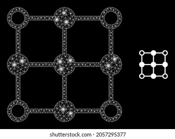 Glossy mesh vector grid centers with glare effect. White mesh, glare spots on a black background with grid centers icon. Mesh and glare elements are placed on different layers.
