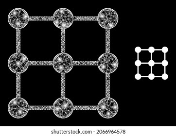 Glossy mesh vector grid nodes with glare effect. White mesh, light spots on a black background with grid nodes icon. Mesh and glowing elements are placed on different layers.