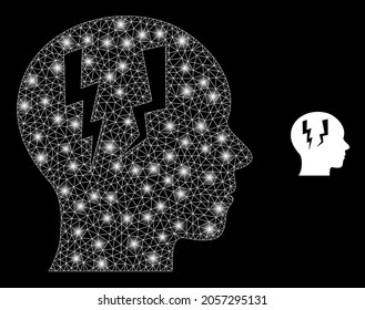 Glossy mesh vector head migraine with glare effect. White mesh, glare spots on a black background with head migraine icon. Mesh and glare elements are placed on different layers.