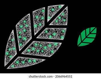 Glossy mesh vector herbal leaf with glare effect. White mesh, bright spots on a black background with herbal leaf icon. Mesh and glare elements are placed on different layers.