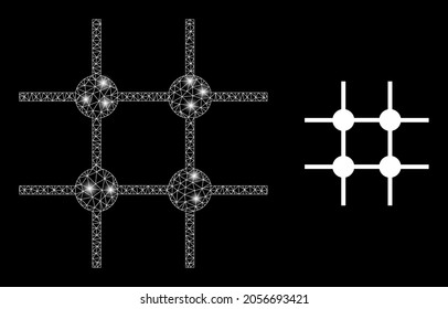Estructura de malla brillante vectorial de malla incompleta con efecto de resplandor. Malla blanca, manchas de luz sobre un fondo negro con un icono de estructura de rejilla incompleto.
