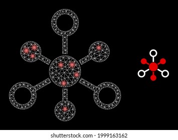 Glossy mesh vector internet nodes with glare effect. White mesh, bright spots on a black background with internet nodes icon. Mesh and glare elements are placed on different layers.
