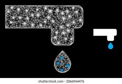 Grifo de cocina vectorial de malla brillante con efecto de resplandor. Malla blanca, puntos de flash sobre un fondo negro con el icono de la llave de la cocina. Los elementos de malla y resplandor se colocan en diferentes capas.