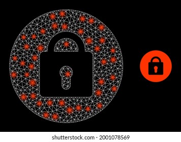 Glossy mesh vector locked with glow effect. White mesh, bright spots on a black background with locked icon. Mesh and lightspot elements are placed on different layers.