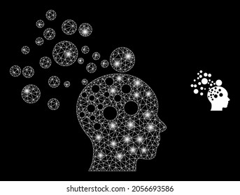 Glossy mesh vector man idea generation with glare effect. White mesh, glare spots on a black background with man idea generation icon. Mesh and glare elements are placed on different layers.