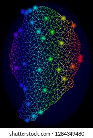 Glossy mesh vector map of Corvo Island with glare effect. Light spots have bright rainbow colors. Abstract lines, triangles, glare spots on a dark background with map of Corvo Island.