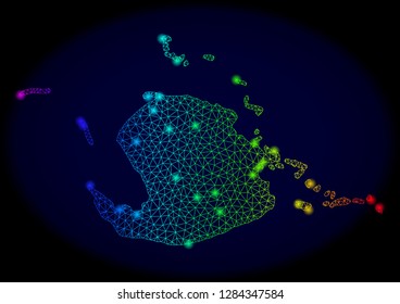Glossy mesh vector map of Juventud Island with glare effect. Light spots have bright rainbow colors. Abstract lines, triangles, glare spots on a dark background with map of Juventud Island.