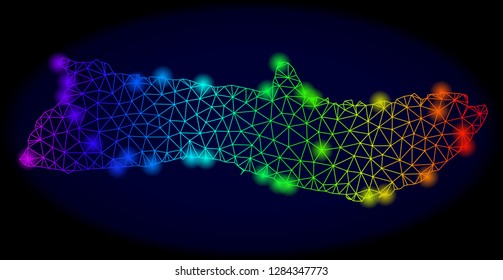 Glossy mesh vector map of Molokai Island with glare effect. Light spots have bright spectrum colors. Abstract lines, triangles, light spots on a dark background with map of Molokai Island.