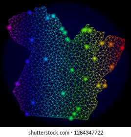 Glossy mesh vector map of Paral State with glare effect. Light spots have bright spectrum colors. Abstract lines, triangles, light spots on a dark background with map of Paral State.