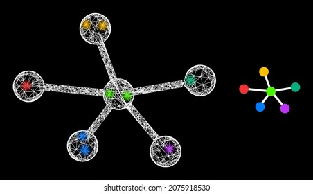 Glossy mesh vector net connections with glare effect. White mesh, bright spots on a black background with net connections icon. Mesh and glare elements are placed on different layers.