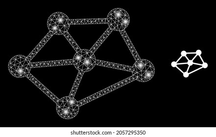 Glossy mesh vector net links with glare effect. White mesh, glare spots on a black background with net links icon. Mesh and glowing elements are placed on different layers.
