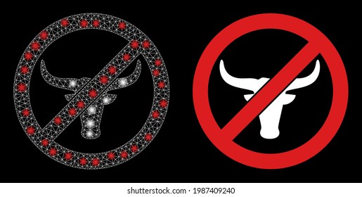 Glossy mesh vector no beef with glare effect. White mesh, flash spots on a black background with no beef icon. Mesh and glowing elements are placed on different layers.