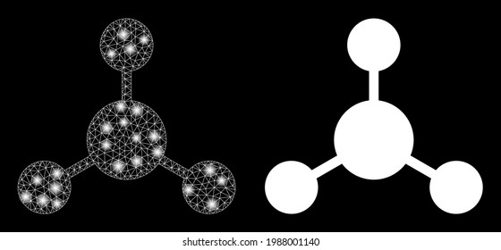 Enlaces de nodo vectorial de malla brillante con efecto de resplandor. Malla blanca, puntos brillantes sobre un fondo negro con un icono de vínculos de nodo. La malla y los elementos brillantes se colocan en diferentes capas.