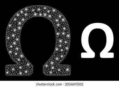 Glossy mesh vector Omega Greek symbol with glare effect. White mesh, bright spots on a black background with Omega Greek symbol icon. Mesh and glare elements are placed on different layers.