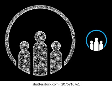 Glossy mesh vector people with glare effect. White mesh, light spots on a black background with people icon. Mesh and glowing elements are placed on different layers.