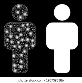 Glossy-Mesh-Vektorperson mit glänzendem Effekt. Weiße Masche, Flammen auf schwarzem Hintergrund mit Personensymbol. Mesh- und Glühelemente werden auf verschiedene Ebenen platziert.