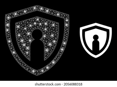 Glossy mesh vector personal shield with glow effect. White mesh, light spots on a black background with personal shield icon. Mesh and glare elements are placed on different layers.