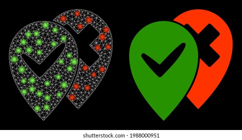 Glossy mesh vector place advices with glare effect. White mesh, glare spots on a black background with place advices icon. Mesh and lightspot elements are placed on different layers.