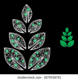 Plantación vectorial de malla brillante con efecto de resplandor. Malla blanca, manchas brillantes en un fondo negro con icono de plantación. Los elementos de malla y resplandor se colocan en diferentes capas.