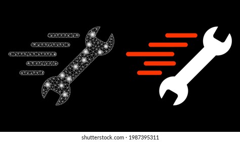 Glossy mesh vector quick repair with glare effect. White mesh, light spots on a black background with quick repair icon. Mesh and glowing elements are placed on different layers.